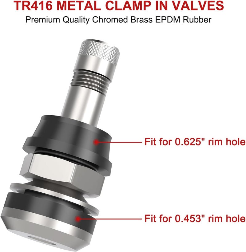 SUN SOUL TR416 5pcs Metal Valve Stems Outer Mount Fits .453" & .625" Rim Holes, Silver, High-Pressure Clamp-in Tire Valves - Image 3